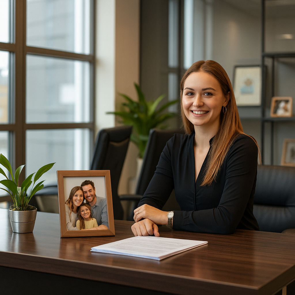Professional Argentine insurance consultant woman in modern office with happy family photos on desk, warm lighting, professional photography